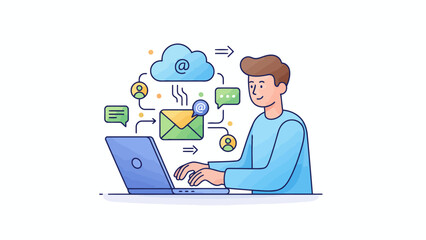 Man working on laptop with cloud computing vector illustration of digital communication and data transfer