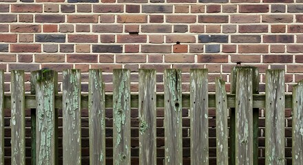 Obraz premium Weathered Wooden Fence Against A Brick Wall.