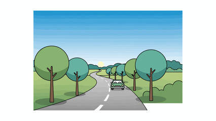 Fototapeta premium A serene landscape with trees and a winding road, depicted as a colorful vector illustration from a distant viewpoint