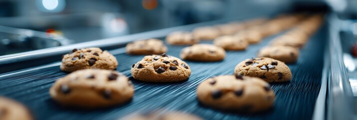 Chocolate chip cookies moving on industrial conveyor belt