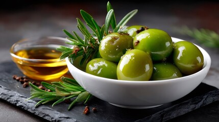 Green olives with rosemary, peppercorns, and olive oil