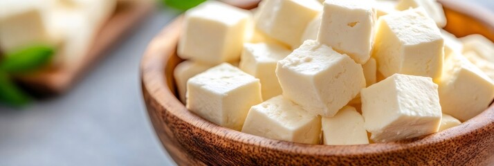 Paneer cheese cubes in wooden bowl