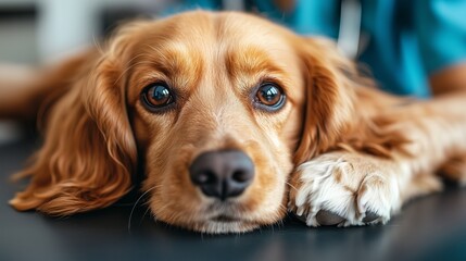 Golden retriever dog resting on examination table