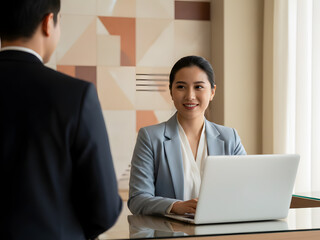 Guest and receptionist interaction at modern hotel service counter