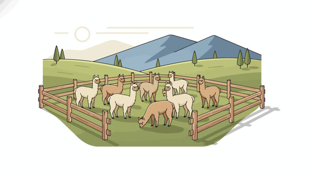 Fluffy sheep herd in a farm fenced pasture.