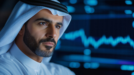 Arab man analyzing stock market data for investment