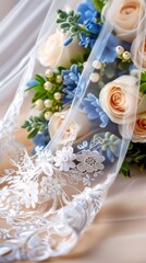 Wedding bouquet with romantic lace veil details