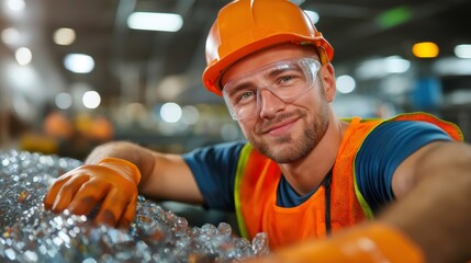 Recycling worker smiling handling plastic waste