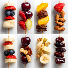Colorful fruit and nut skewers grid