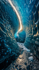Blue Glacier Ice Cave Tunnel with Flowing Meltwater Stream