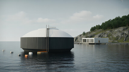 A modern spherical floating building sits on calm water near a contemporary shoreline structure and green trees