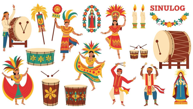 Colorful Sinulog Festival Elements Illustration Drums, Dancers, and Religious Symbols