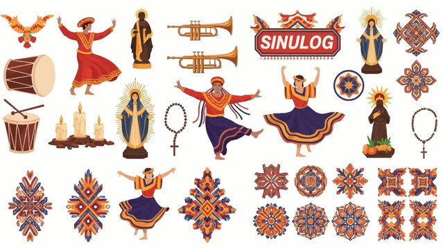 Colorful Sinulog Festival Illustrations Dancing Figures, Religious Icons, and Traditional Elements