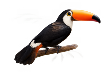 Toucan bird sitting on a branch, showing colorful beak and tropical wildlife, isolated on transparent background