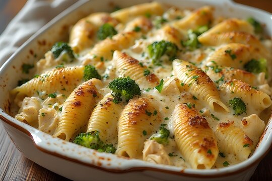 chicken and broccoli stuffed pasta shells in a dish