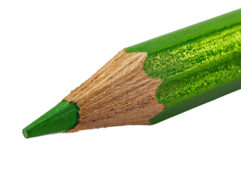 Close-up of a green colored pencil showing its sharpened wooden point