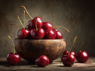 Fresh cherries glisten in a rustic wooden bowl, inviting a taste of summer's sweetest moments