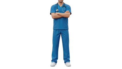 Doctor in blue scrubs with stethoscope and crossed arms