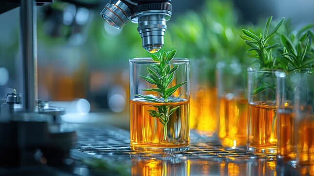 Laboratory glassware with plant samples being examined under a microscope. Focus on science