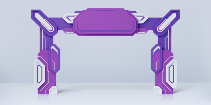 Modern futuristic exhibition purple violet event arch or entrance gate, vector mockup. Event arch in futuristic cosmic or future technology shape for stage stand booth or welcome frame for expo promo