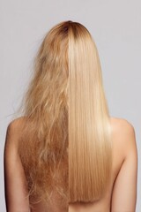 Transformation of curly hair to sleek, straight locks in a stunning before and after showcase