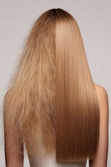 Transformative hair styling showcasing the dramatic contrast between frizzy and sleek strands in an artistic presentation