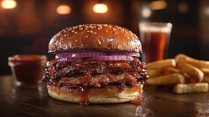 Delicious burger with toppings and sides, on a wooden table with a blurry backdrop
