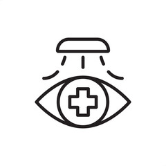 Industrial emergency eyewash station icon featuring a medical cross within an eye symbol and overhead water spray rays, symbolizing occupational health and safety compliance, first aid chemical.