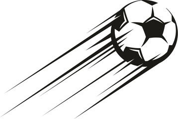 High speed flying football soccer ball with motion trails for goal, vector sport icon. Soccer game football ball flying high up for goal in fast speed motion with trail lines from kick for sport play © Seavector
