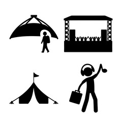 Music festival, concert, camping, and event icons silhouette Vector