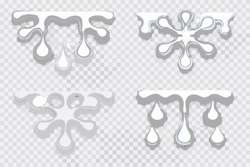 Abstract white liquid drips and splashes with shadows on transparent background