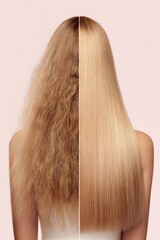 Transforming frizzy hair into sleek, shiny locks through expert styling techniques in a beauty studio
