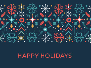 Festive holiday pattern with colorful snowflakes and cheerful greetings
