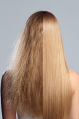 Transforming frizz into sleek shine with a stunning hair makeover in a bright studio setting