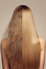 Transformation from frizzy to sleek hair showcasing a stunning before and after contrast in a warm studio setting