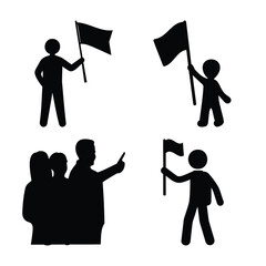 People silhouettes holding flags and pointing, achievement icon Vector