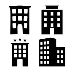 Diverse city building icons set: hotel, office, apartment silhouettes Vector