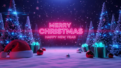 Merry Christmas and Happy New Year Neon Sign in Snowy Winter Scene &ndash; Festive Holiday Background