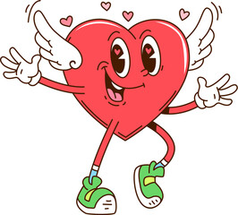 Fototapeta premium Groovy retro cartoon heart character with wings and sneakers dances happily with hearts around, embodying love and happiness on Valentines Day. Vector y2k personage symbol of affection or celebration