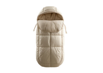 Fototapeta premium Cream-colored, quilted sleeping bag with a hood on a plain dark backdrop