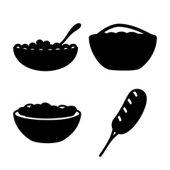 Breakfast and snack food icons: cereal bowls with spoon and corndog Vector
