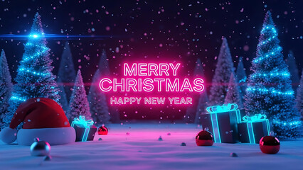 Merry Christmas and Happy New Year Neon Sign with Snowy Trees &ndash; Festive Holiday Background