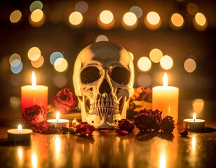 Skull centerpiece, roses, and burning candles with soft bokeh background