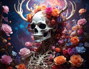 Skull adorned with flowers, antlers, against cosmic background