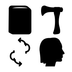 Book, axe, refresh arrows, human head silhouette icons on white. Vector