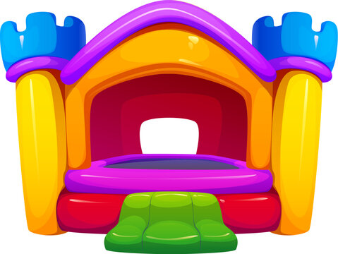 Trampoline park bouncy house, inflatable castle with yellow towers, purple roof and blue turrets, green entry step, purple rooftop. Cartoon vector outdoor amusement for kid parties, outdoor fun