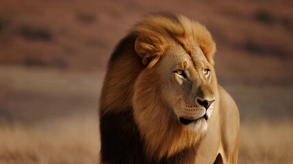 Majestic male lion in african savanna, suitable for wildlife publications, travel brochures, nature blogs, and educational material about lions.