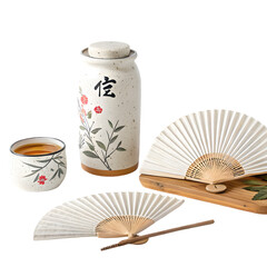 Elegant Asian Tea Jar, Teacup, and Folding Fans Arrangement on transparent background