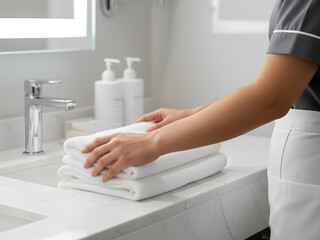 Hotel housekeeping staff neatly arranges clean white towels bathroom hotel