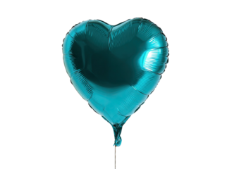 Teal, metallic heart-shaped balloon isolated against a stark black background